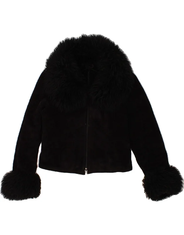 VINTAGE Womens Crop Suede Jacket UK 8 Small Black Leather Jacket Blazer Coat
