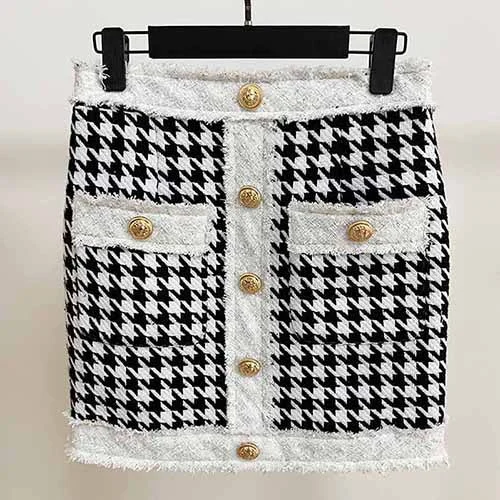 Hight Waisted Black and White Formal Skirt Gold-tone Mini Skirt for Ladies silk skirt sleek