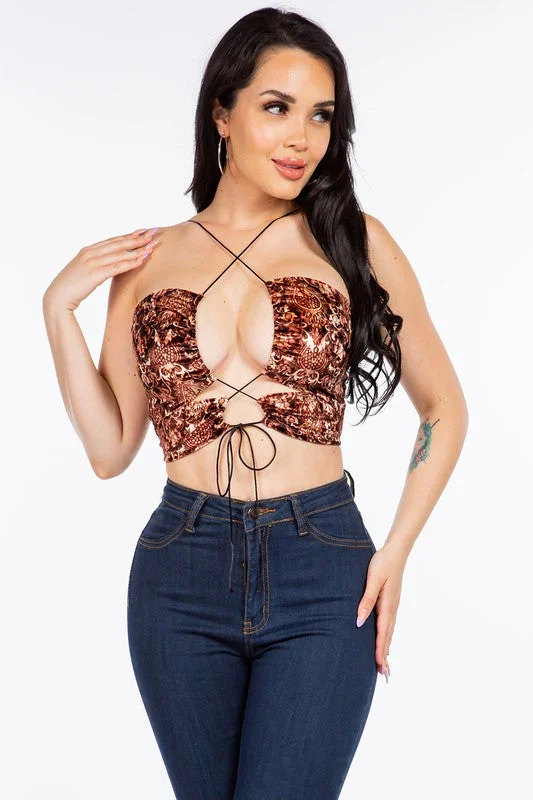 Bear Dance Boho Velvet Crop Top with Cut Out Polka Dot Checkered Tartan