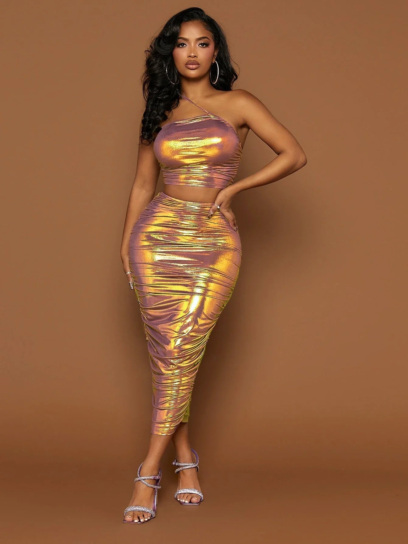 Sexy Iridescent Gold Top & Skirt Set casual skirt length