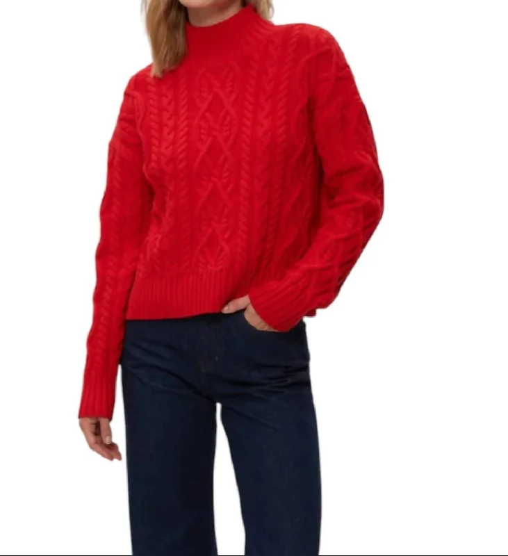 Suki Cable Mock Sweater In Cherry Red Chenille Fabric Brocade Fabric Lace Fabric