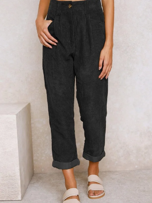 High Waisted Straight Leg Corduroy Trousers in Black Trousers Sale Discount