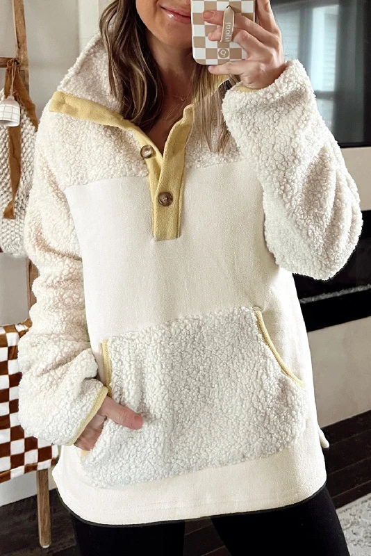 Beige Fleece Colorblock Trim Buttons Collar Sweatshirt with Pocket Graphic Hoodie Design Print