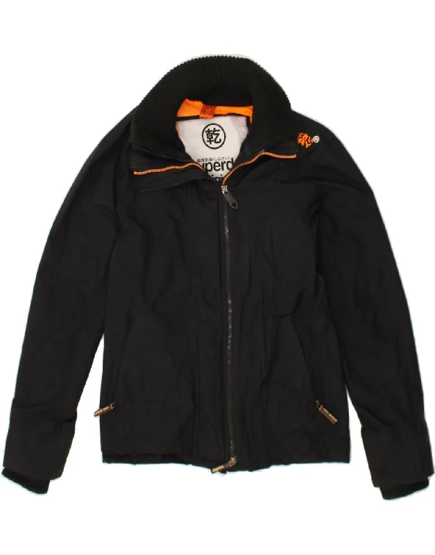 SUPERDRY Womens The Windcheater Windbreaker Jacket UK 14 Medium Black Snapped Jacket Toggled Jacket Drawstring Jacket