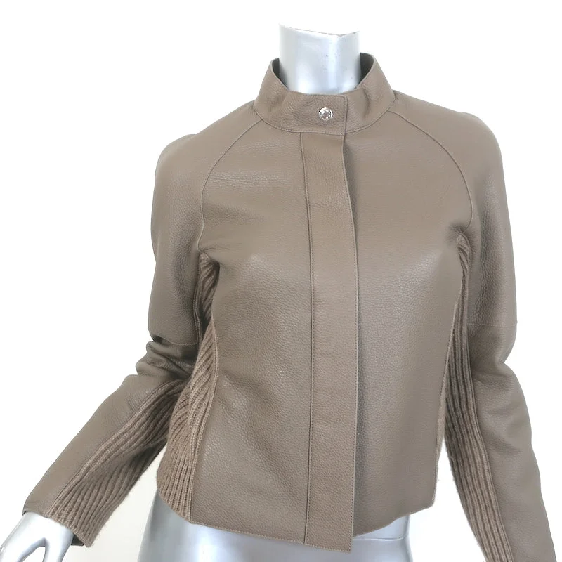 Hermes Leather & Cashmere Ribbed Knit Jacket Gris Etoupe Size 38 Jacket Blazer Coat