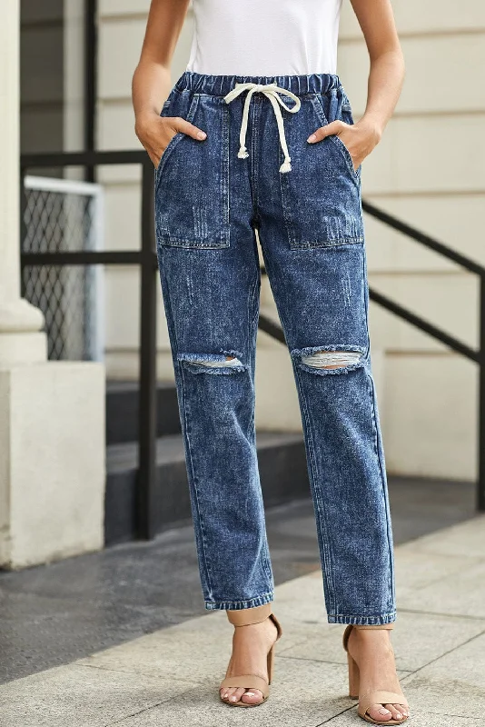 Women's Ripped Denim Trousers Straight Leg Pants Trousers Versatile Stylish