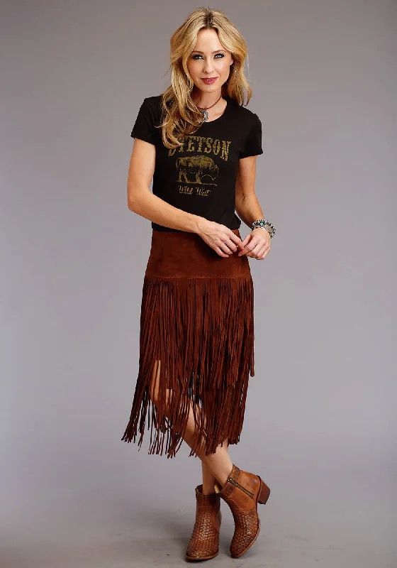 Stetson Womens Brown Leather Lamb Suede Fringe Skirt silk skirt lustrous