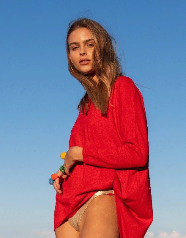 Crew Neck Drape Sweater in Fire Jersey Fabric Tulle Fabric Batik Fabric