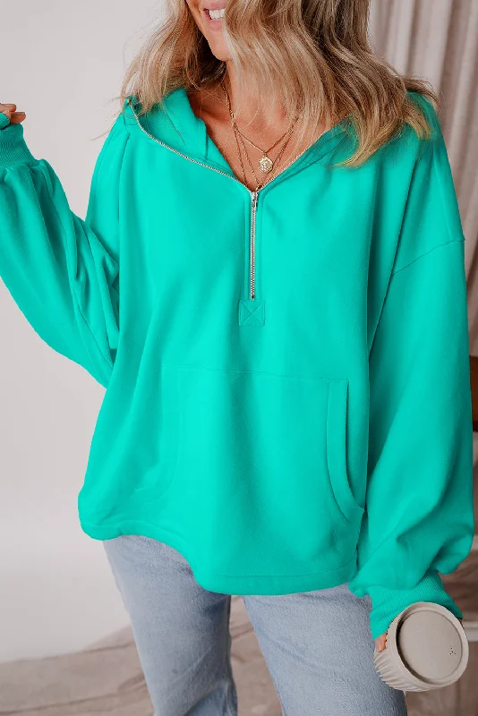 Aruba Blue Fleece Lined Half Zipper Kangaroo Pockets Loose Hoodie Hoodie with Metallic Shiny Futuristic