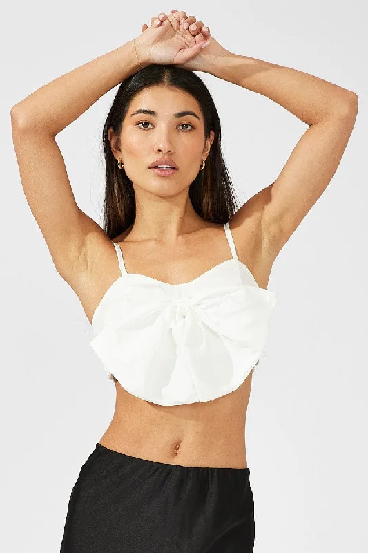 White Crop Top Strappy Oversized 3d Bow Zippered Buttoned Snapped