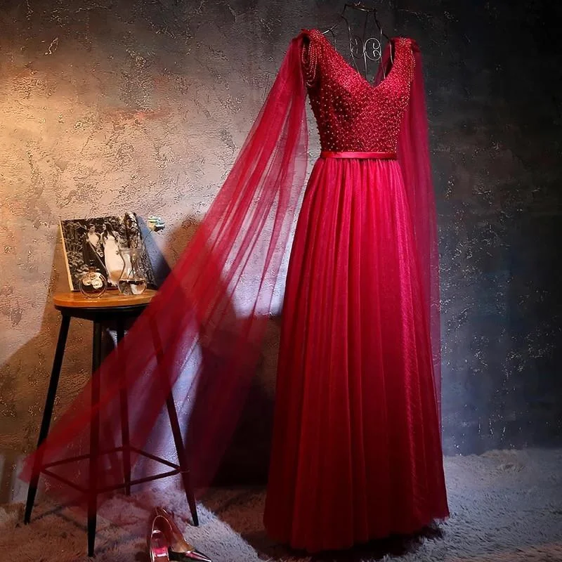 Love Pearl Beaded V Neck Long Burgundy Evening Dresses Cowl Neckline Elegant