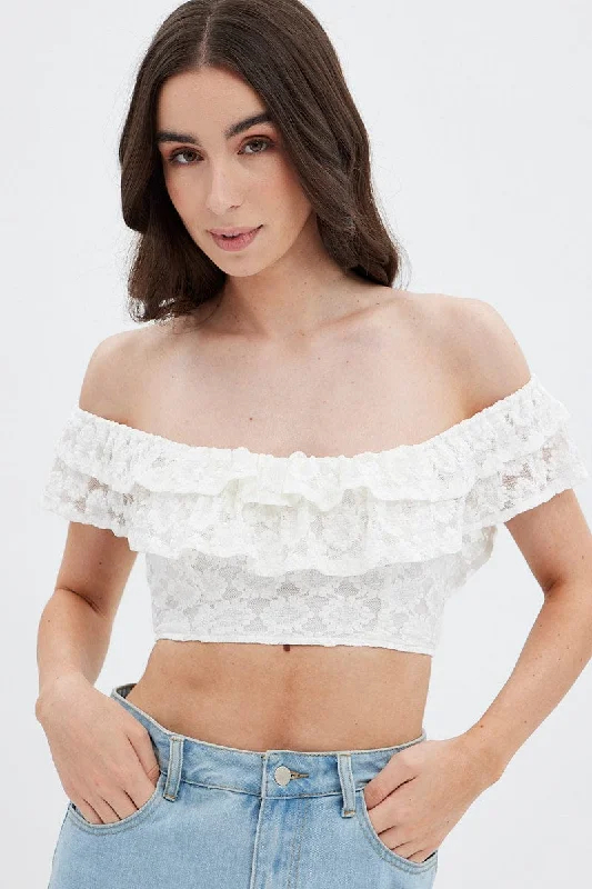 White Sleeveless Lace Crop Top Print Jacquard Patchwork