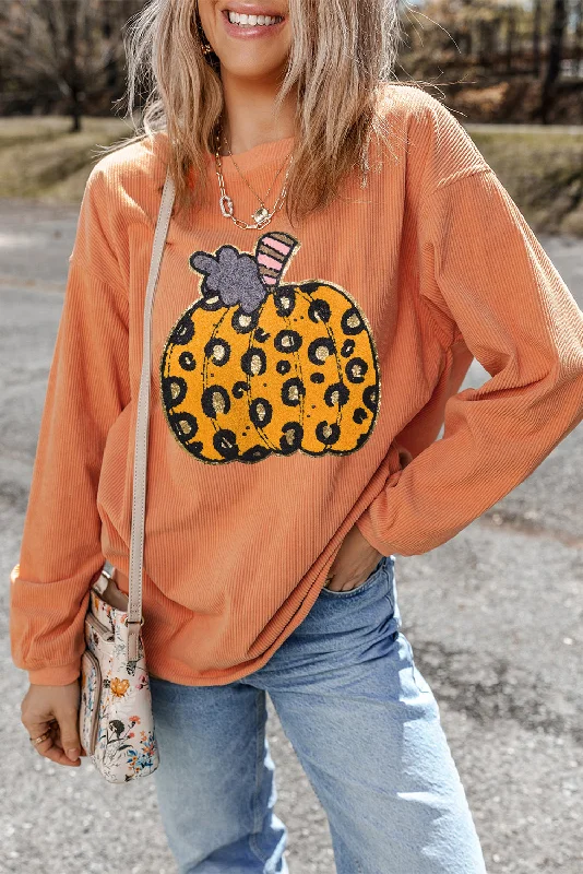 Orange Halloween Leopard Pumpkin Patchwork Ribbed Sweatshirt Hoodie with Turtle Neck Cozy Winter