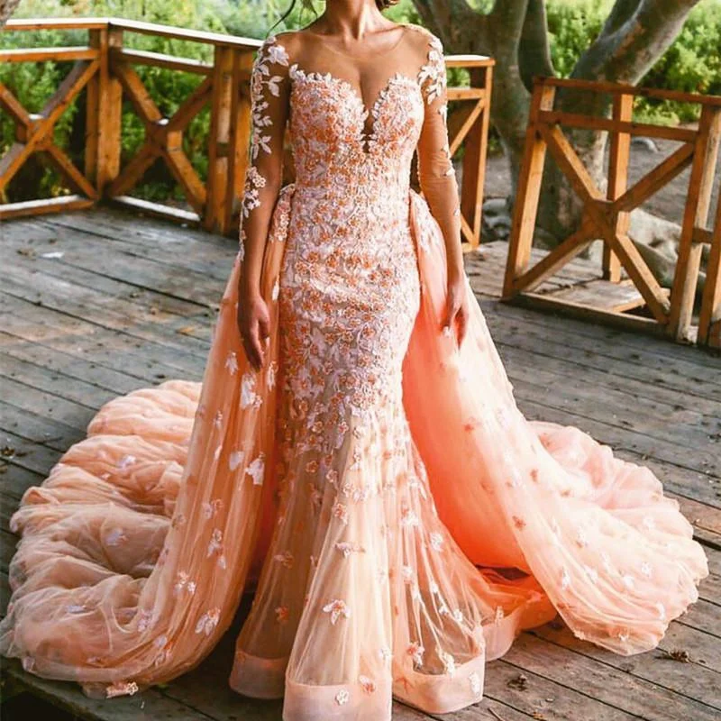 Peach Lace Long Sleeves Mermaid Prom Dresses Removable Skirt A-Line Day Work