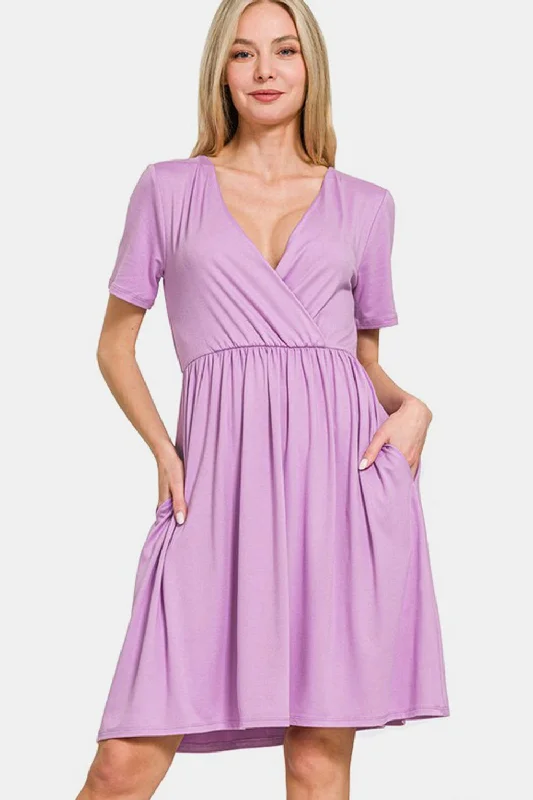 Zenana Surplice Short Sleeve Brushed DTY Dress In Pink Maxi Flowy Bohemian