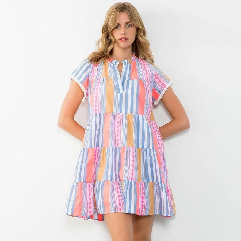 V-Neck Striped Pattern Dress Tunics Party sparkling