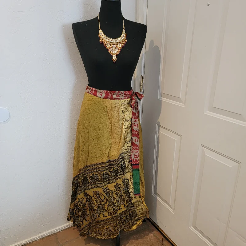 Boho Festival Green/ Gold Print Silk Reversible Wrap Maxi Skirt cotton skirt soft