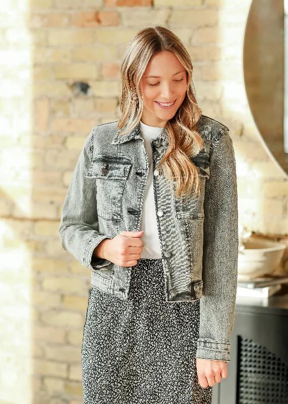 Josalyn Gray Denim Trucker Jacket Toggled Jacket Drawstring Jacket Belted Jacket