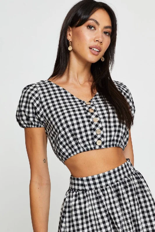 Check Crop Top Short Sleeve Knit Fabric Woven Fabric Fleece Fabric
