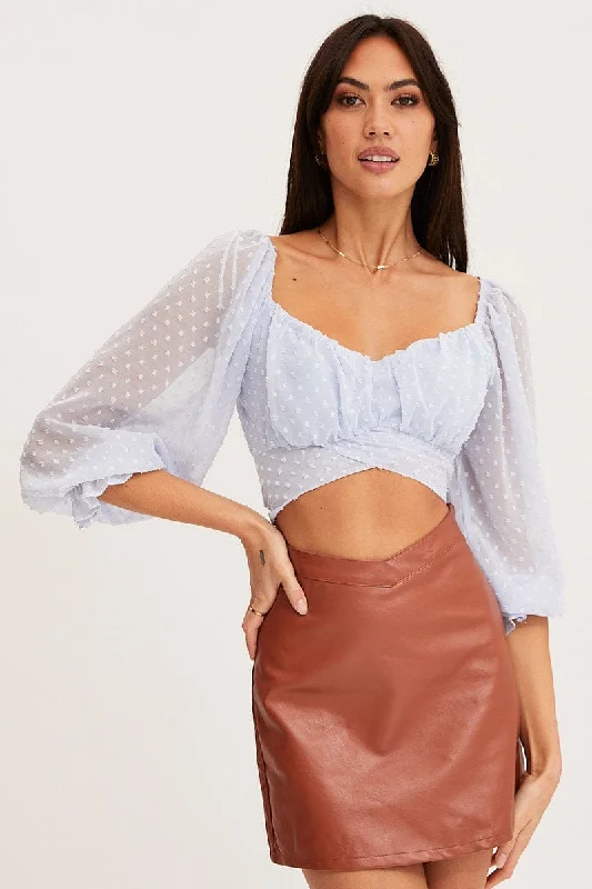 Blue Crop Top Long Sleeve Mesh Fabric Canvas Fabric Denim Fabric