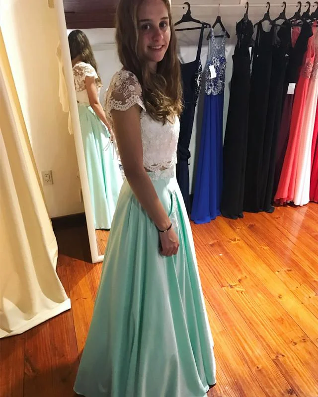 White Lace Crop Floor Length Satin Two Piece Prom Dresses Tunics Gym athletic