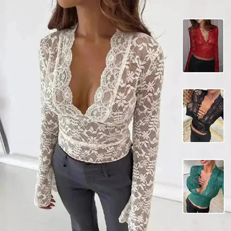 Flowers Lace Long Sleeve Top Y2K Fashion Slim Bottoming Crop Top for Women Casual Lace Top for Women Ribbed Crop Top High Neck Heavyweight