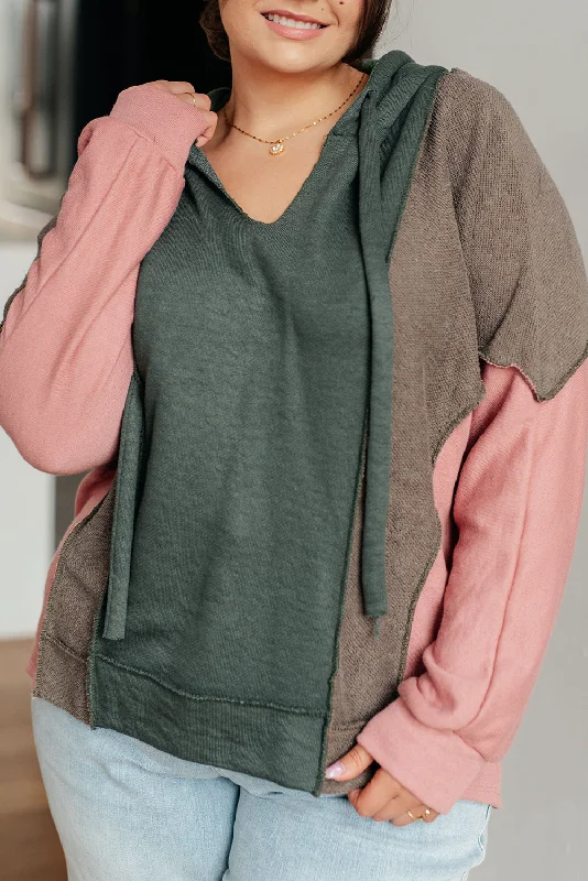 Breen Plus Size Colorblock Patchwork V Neck Hoodie Hoodie with Cropped Fit Short Trendy