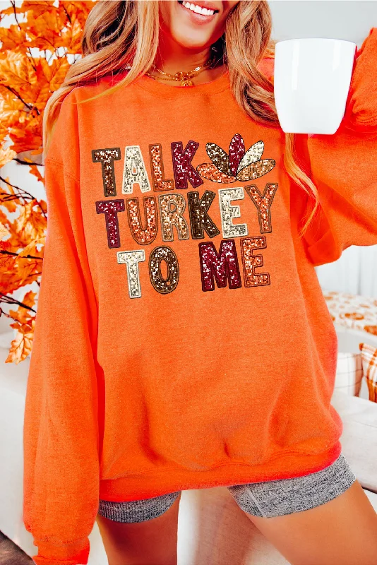 Orange TALK TURKEY TO ME Graphic Thanksgiving Holiday Sweatshirt Hoodie with Hem Drawcord Adjustable Customizable