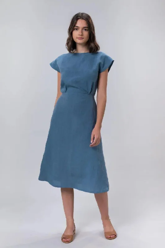 Picnic Linen Dress In Sky by Wilga Clothing Tunics Corduroy durable