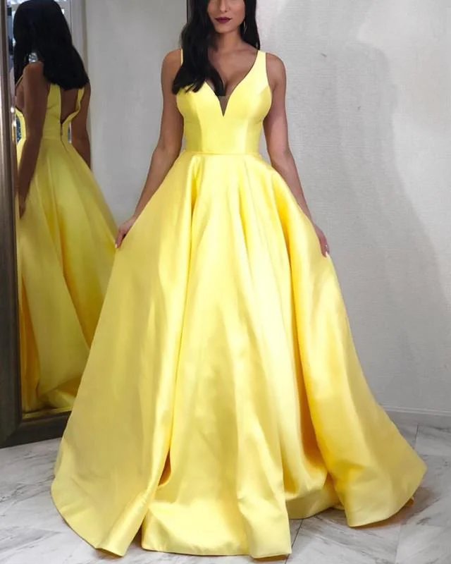 Plunge Neck Floor Length Satin Prom Dresses Tunics Office stylish