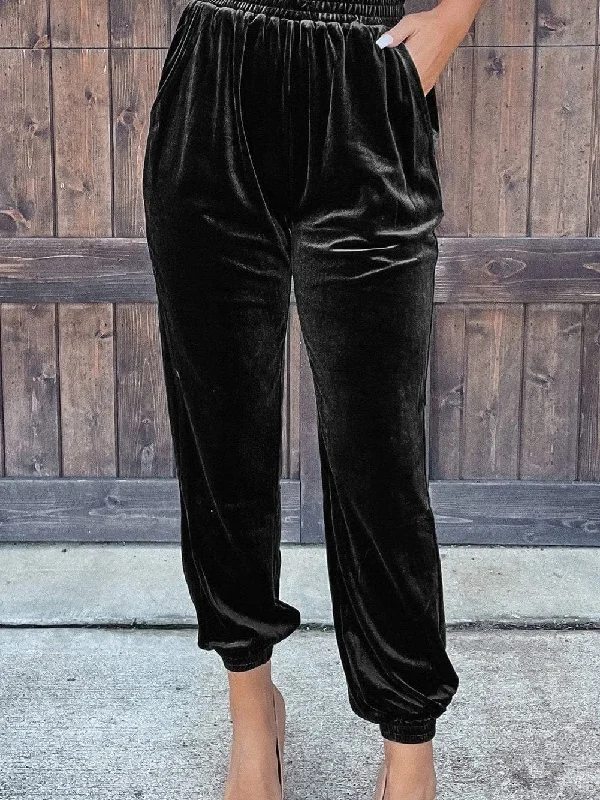 Elegant Black Velvet Jogger Trousers Trousers Modern Contemporary