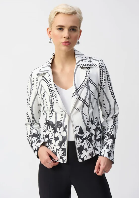 Joseph Ribkoff Faux Suede Floral Biker Jacket, White Striped Jacket Polka Dot Jacket Floral Jacket