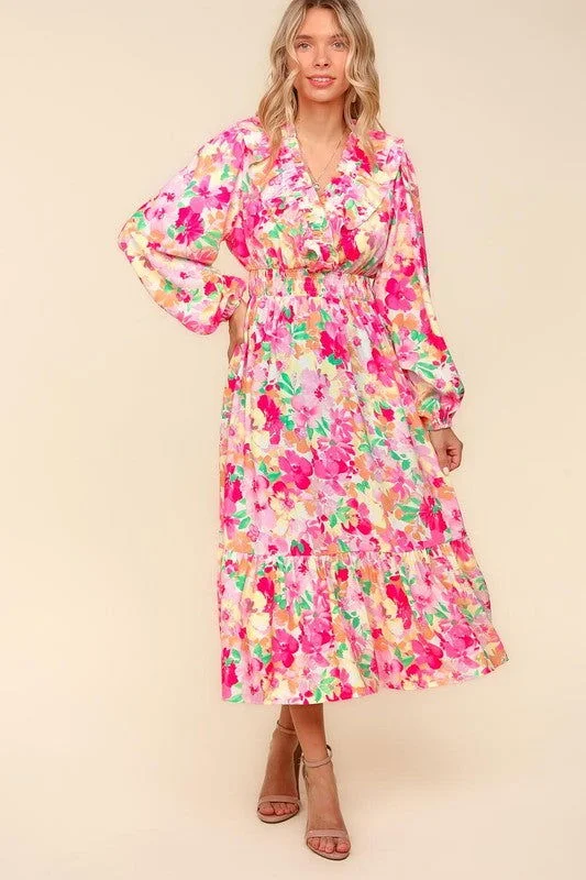 Haptics Floral Surplice Balloon Sleeve Dress with Side Pockets empire Waist empire