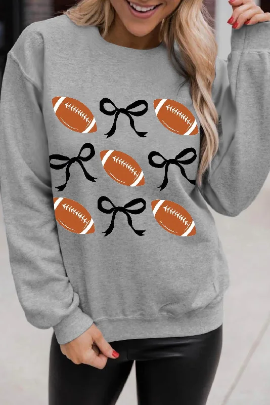 Gray Football Bow Knot Print Crewneck Sweatshirt Hoodie with Thumb Holes Functional Cozy Gray Football Bow Knot Print Crewneck Sweatshirt Hoodie with Thumb Holes Functional Cozy