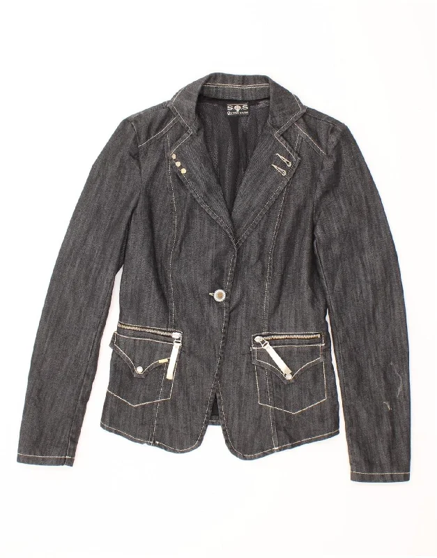 VINTAGE Womens Denim Jacket UK 10 Small Black Cotton Knit Jacket Woven Jacket Fleece Jacket