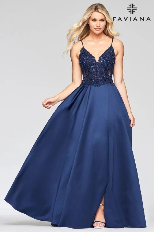 Long Satin Dress With Ballgown Skirt And Beaded Applique Boatneck Modish Everyday