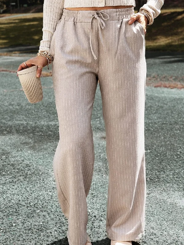 Khaki Striped Wide Leg Elastic Waist Casual Trousers Trousers Vintage Classic