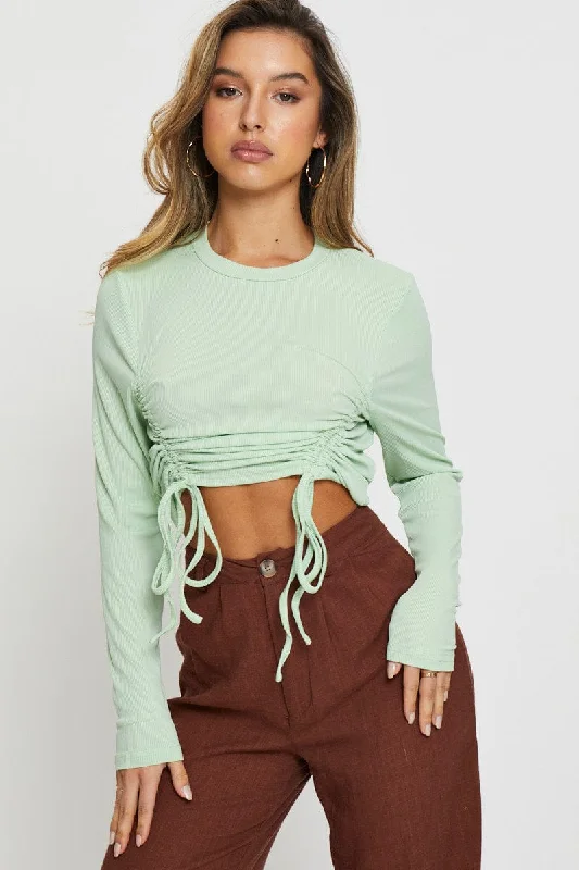 Green Crop Top Long Sleeve Polka Dot Checkered Tartan