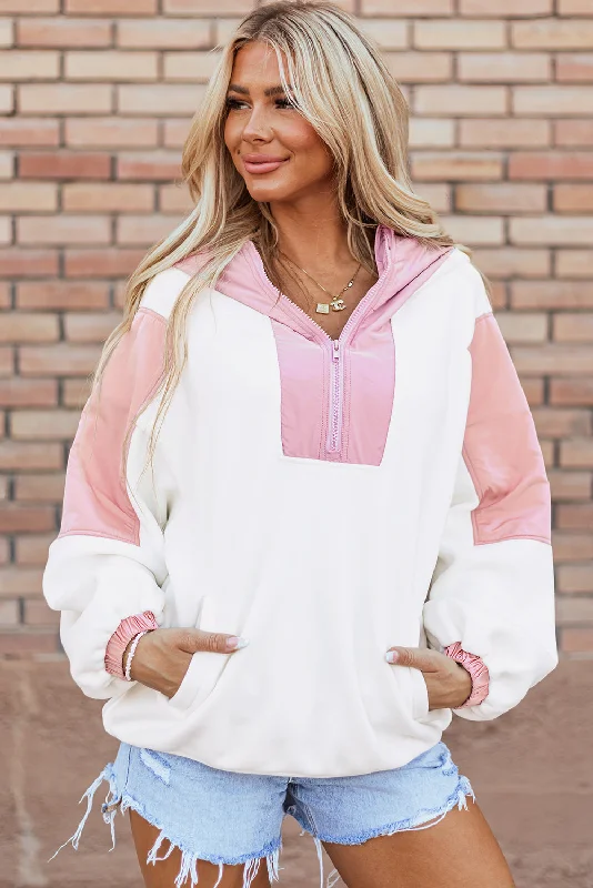 White Colorblock Patchwork Half Zip Oversized Sherpa Hoodie Hoodie with Ribbed Cuffs Snug Fit Comfort White Colorblock Patchwork Half Zip Oversized Sherpa Hoodie Hoodie with Ribbed Cuffs Snug Fit Comfort
