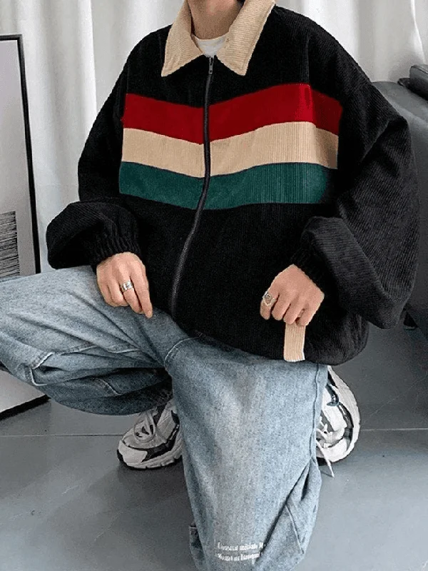 Men's Striped Loose Fit Corduroy Jacket Front Pockets Side Pockets Patch Pockets