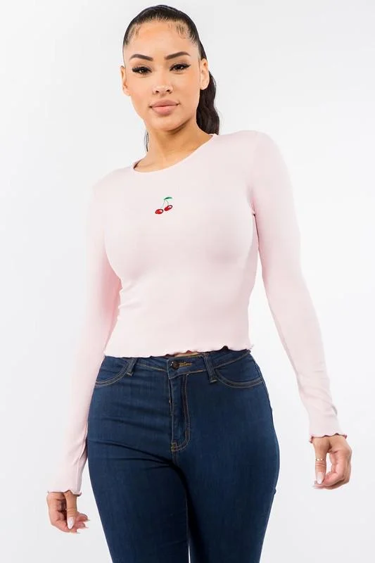 Bear Dance Cherry Embroidered Long Sleeve  Ribbed Crop Top Ribbed Crop Top High Neck Heavyweight