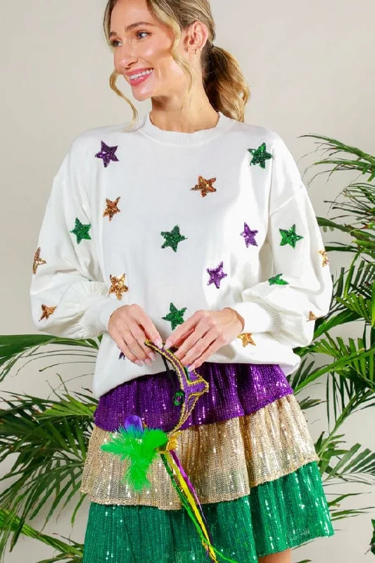 Vine & Love Balloon Sleeve Mardi Gras Sequin Stars Sweater in Off White Boat Neck Shawl Collar Notched Collar