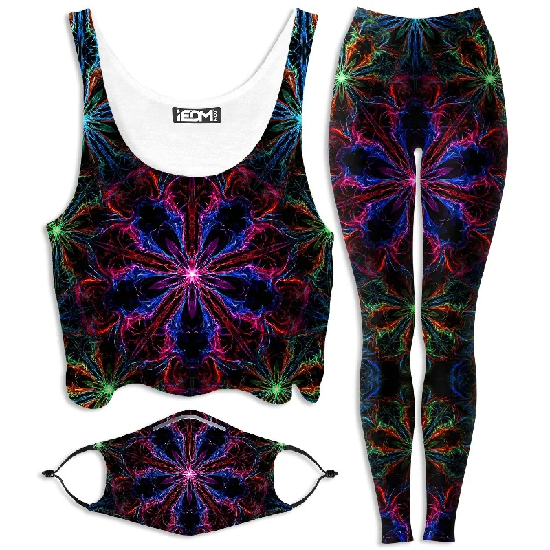 Man Trip Crop Top and Leggings with PM 2.5 Face Mask Combo Print Jacquard Patchwork