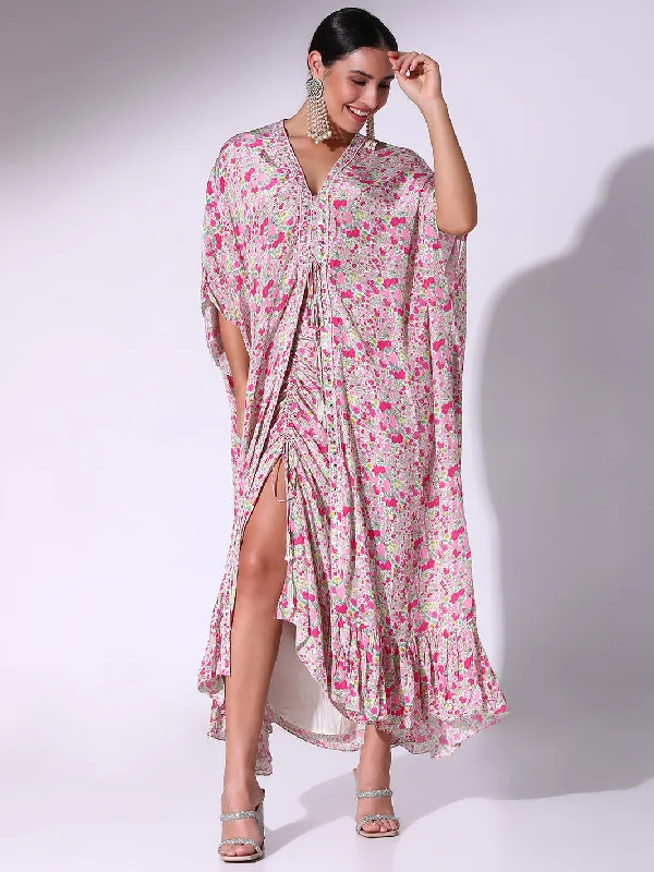 Pink Micro Floral Printed Long Kaftan With Drawstring Skirt leather skirt sleek