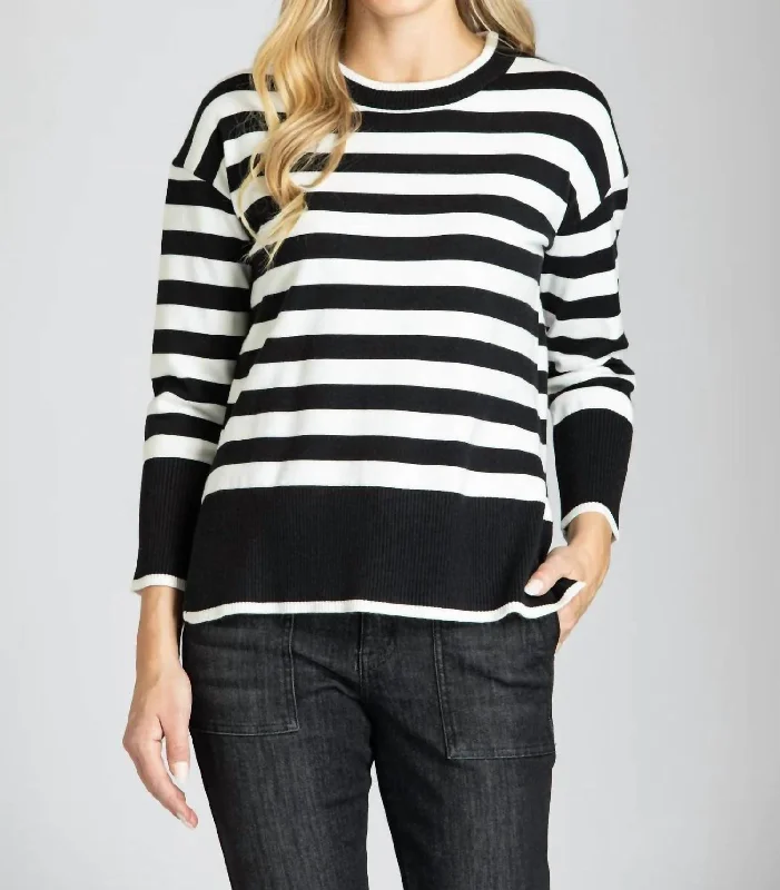 Fun Stripe Wide Cuff Sweater In Black/white Modern Contemporary Chic