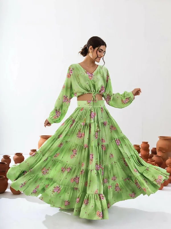 PR Fashion Pista Green Heavy Air Tex Chinon Readymade Digital Print Crop Top & Lehenga Terry Blend Velvet Blend Canvas Blend