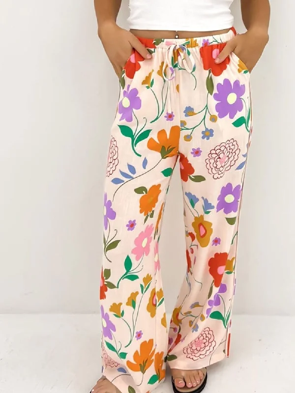 Vibrant Orange Floral Print Wide Leg Trousers Trousers Flared Retro