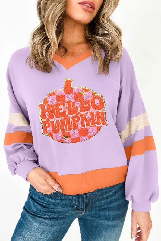 Orchid Bouquet HELLO PUMPKIN Chenille Patch Graphic V Neck Sweatshirt Hoodie with Front Slit Layering Stylish