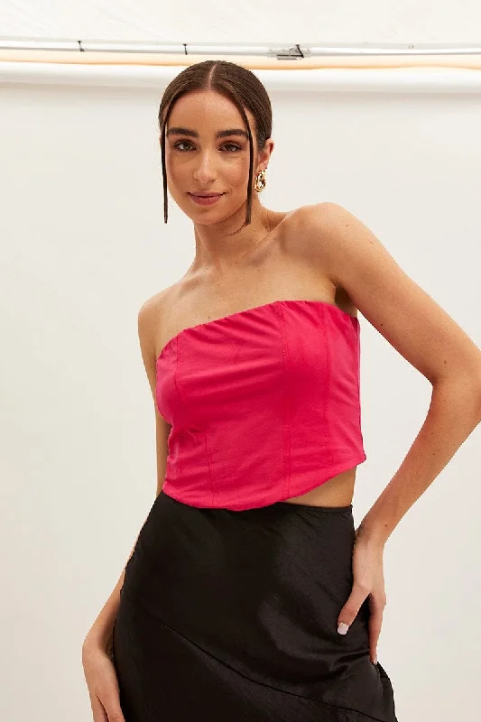 Pink Corset Bandeau Crop Top Welt Pockets Slit Pockets Flap Pockets