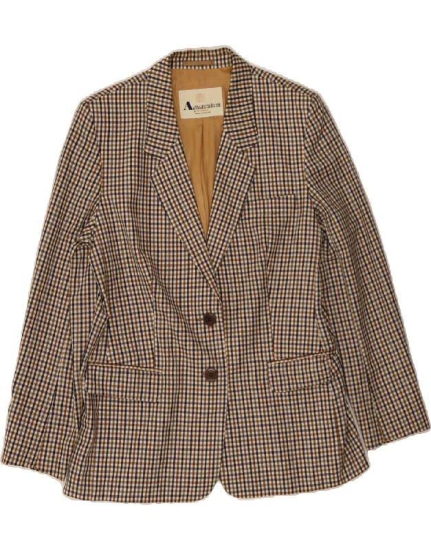 AQUASCUTUM Womens 2 Button Blazer Jacket UK 14 Medium Brown Check Wool Tailored Jacket Straight Jacket A-Line Jacket